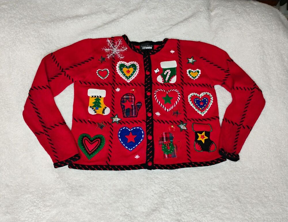 Designer Original Studio Red Knit Sweater Cardigan Christmas Petite M